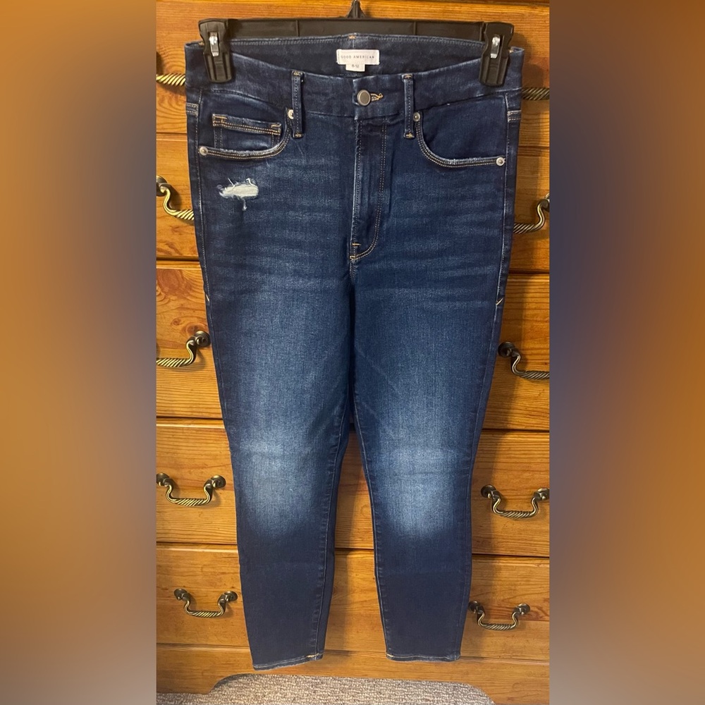 Good American Always Fits Dark Blue Distressed Cropped Skinny Jeans